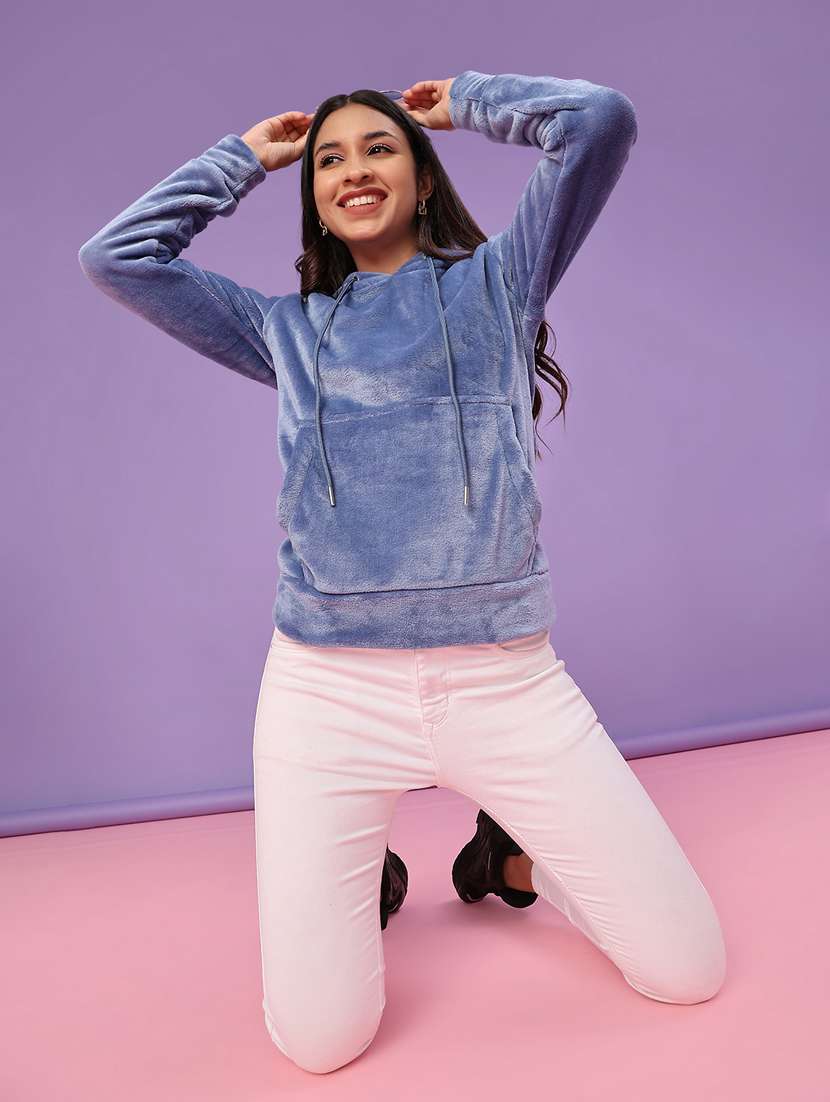 women solid long sleeve hooded sweatshirt - 22077314 -  Standard Image - 4