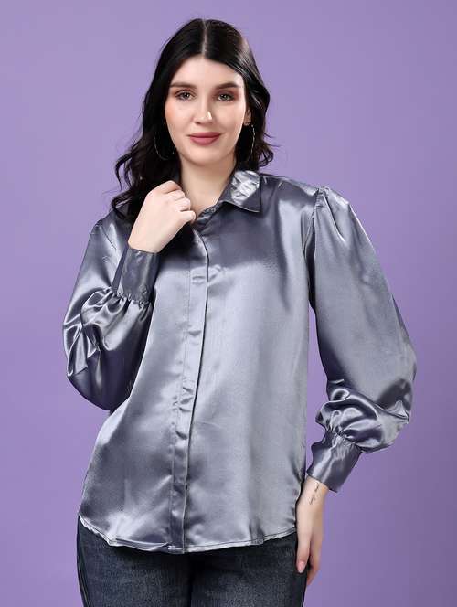 grey satin regular shirt - 22077605 -  Standard Image - 0