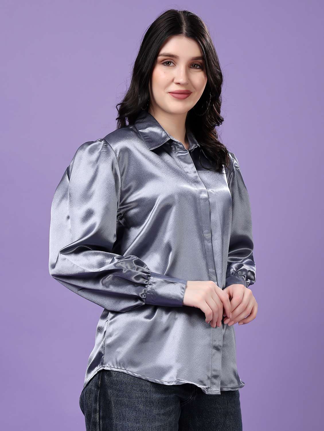 grey satin regular shirt - 22077605 -  Standard Image - 1