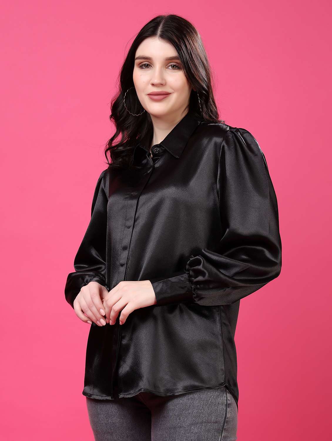 black satin regular shirt - 22077606 -  Standard Image - 1