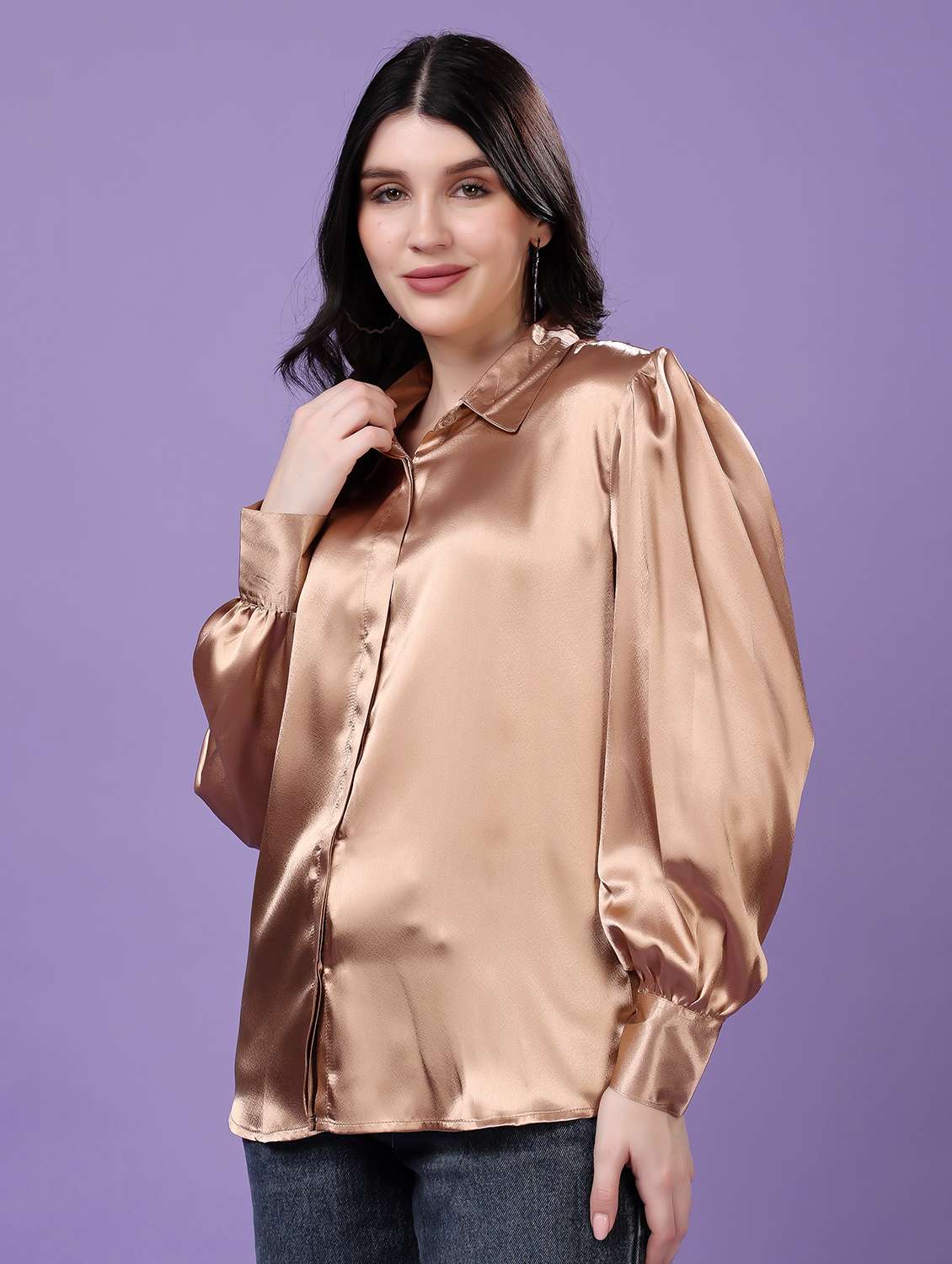 beige satin regular shirt - 22077607 - Standard Image - 1