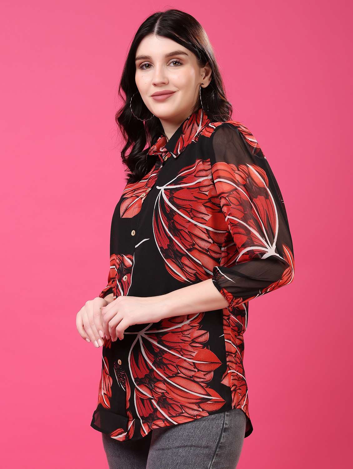 floral georgette shirt with puff sleeves multi - 22077614 - Standard Image - 1