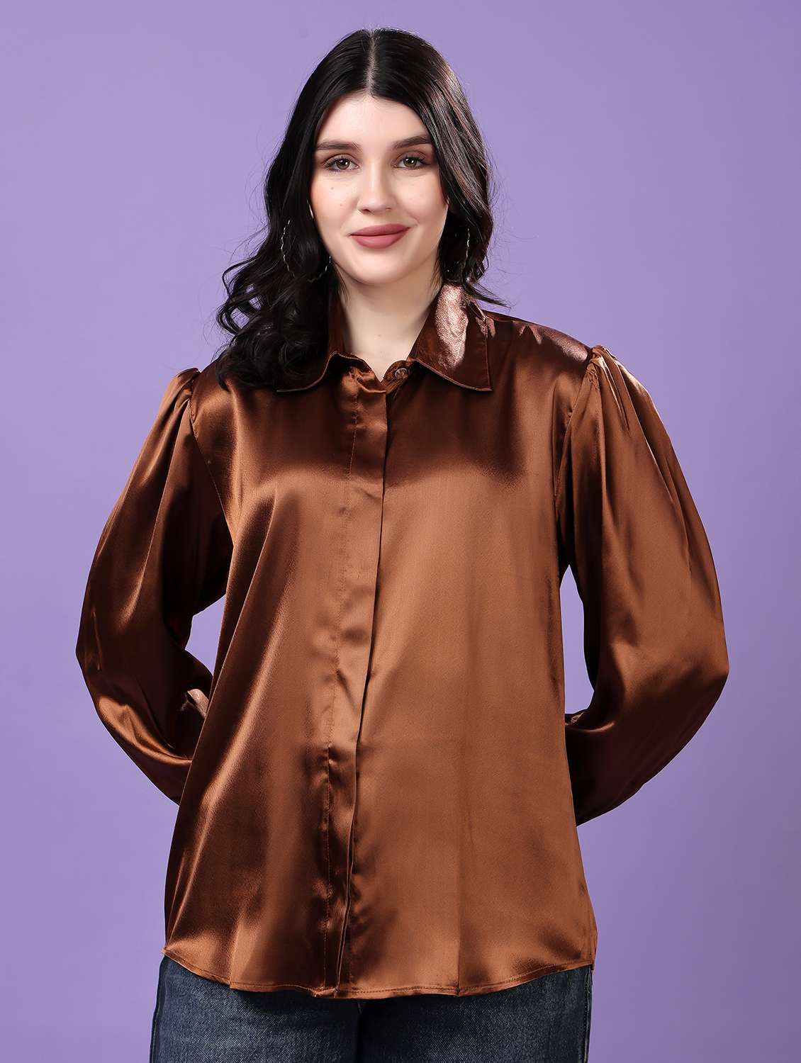women solid collared puff sleeve shirt - 22077616 - Standard Image - 1