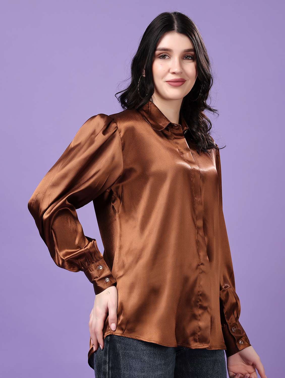 women solid collared puff sleeve shirt - 22077616 - Standard Image - 4
