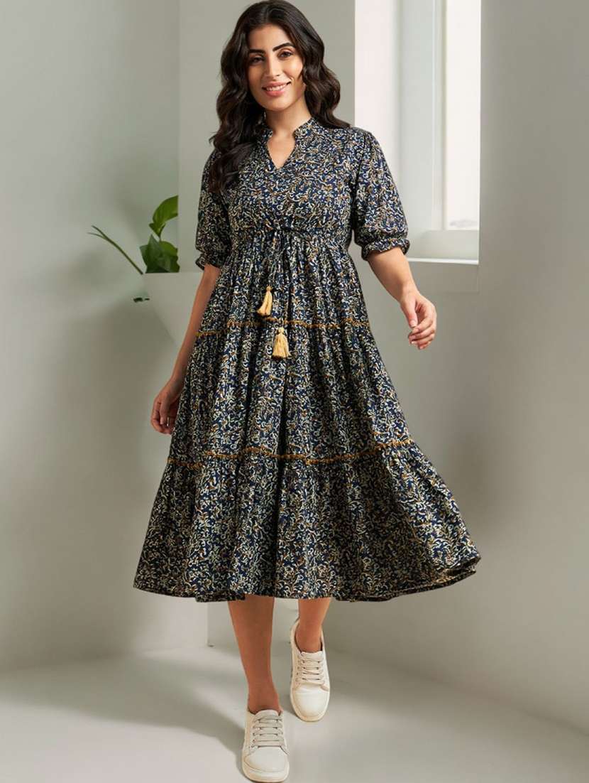 women printed puff sleeve tiered dress