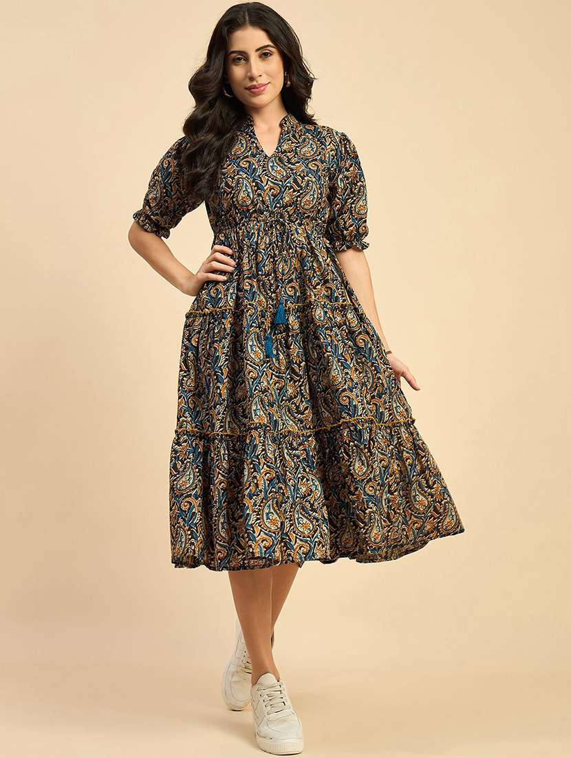 women printed puff sleeve tiered dress