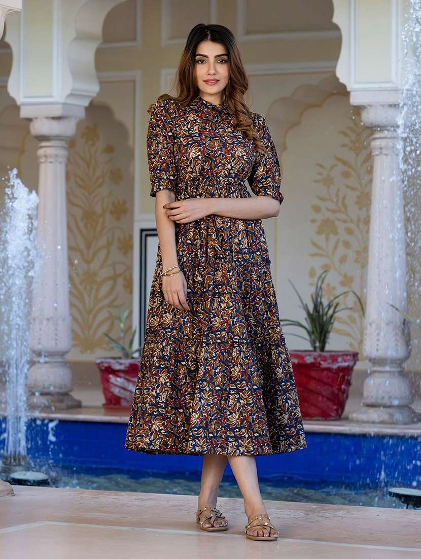 women printed puff sleeve tiered dress - 22077640 - Standard Image - 1