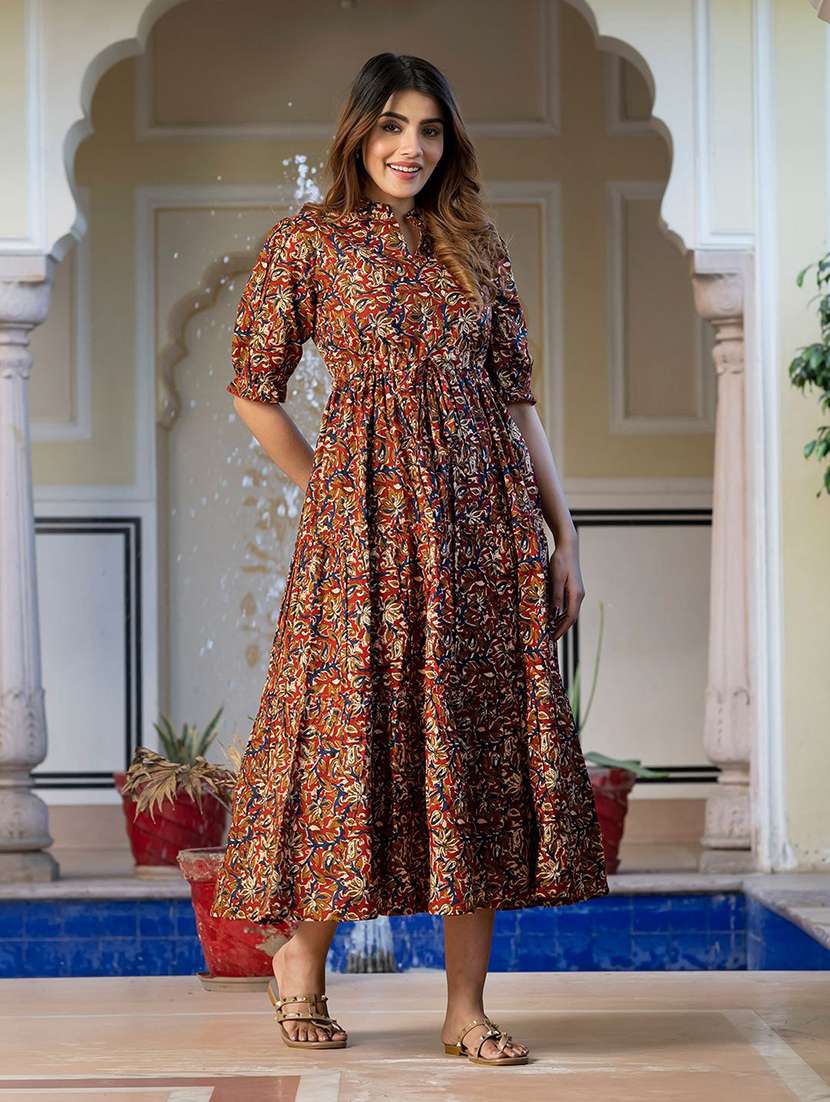 women printed puff sleeve tiered dress - 22077641 - Standard Image - 1