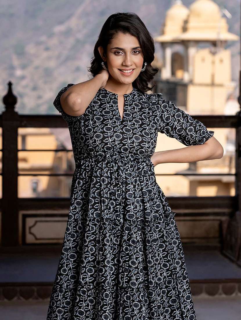 women printed puff sleeve tiered dress - 22077649 -  Standard Image - 1