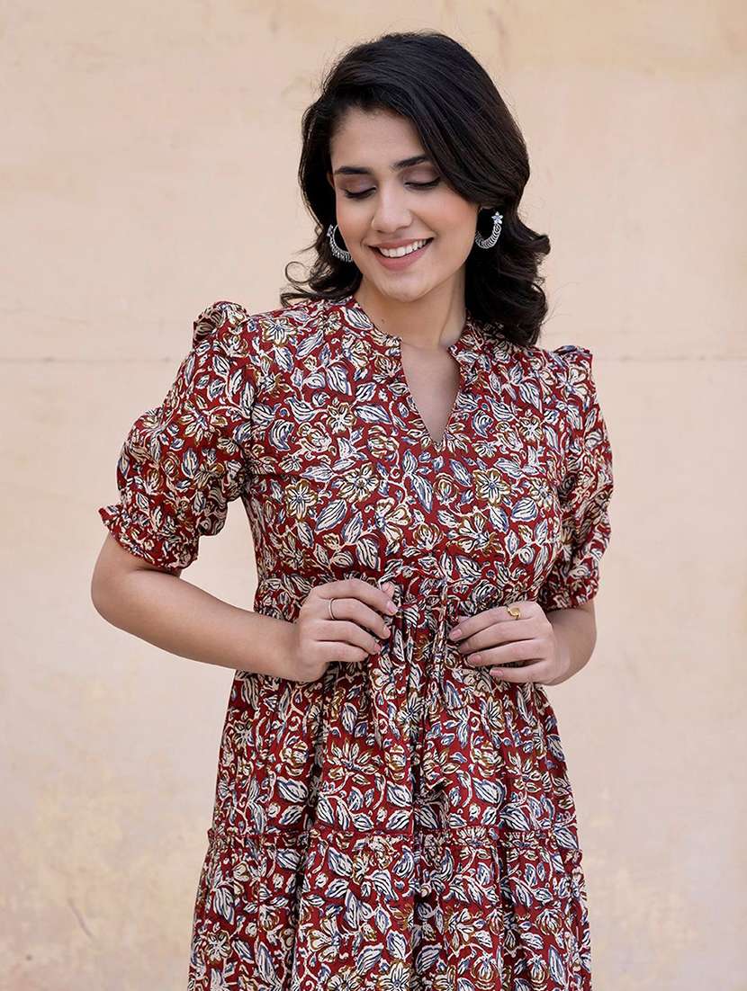 women printed puff sleeve tiered dress - 22077651 - Standard Image - 1