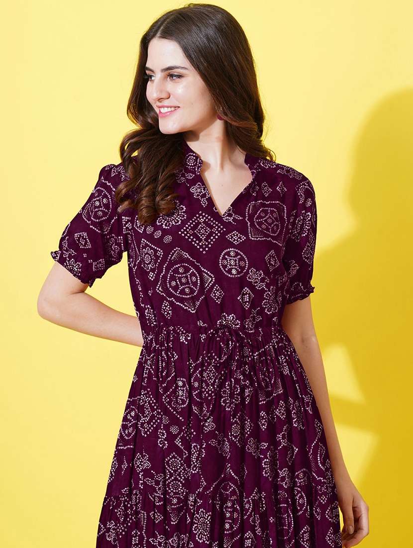 women printed puff sleeve tiered dress - 22077653 - Standard Image - 1