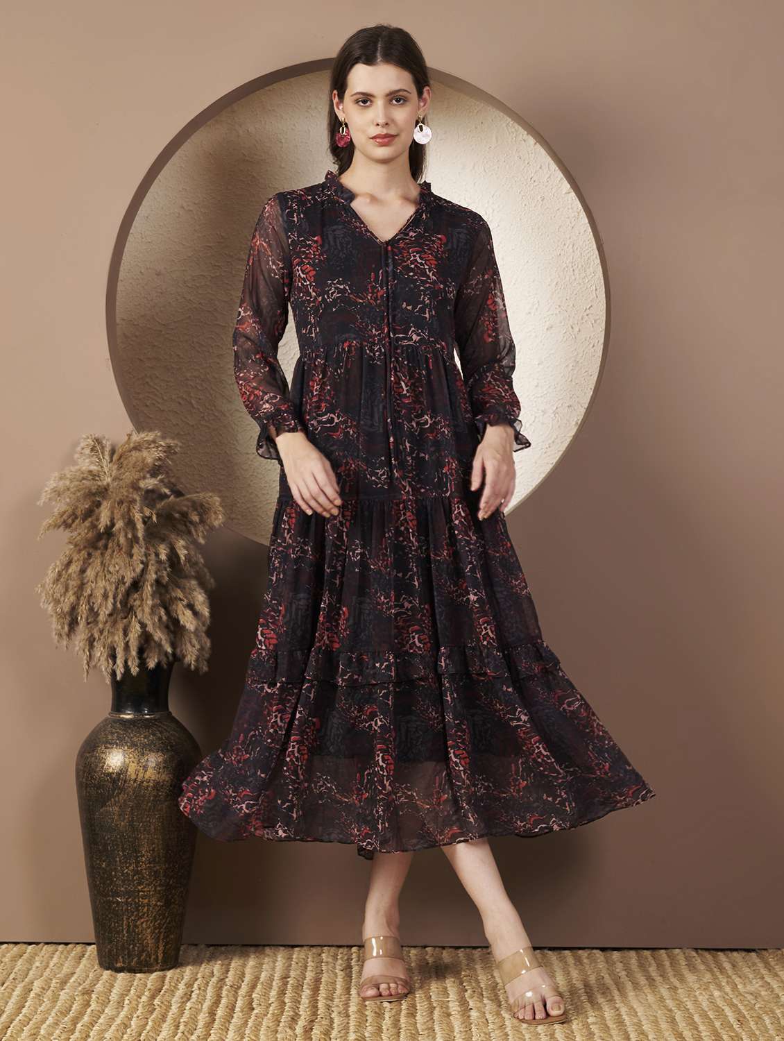 women printed three quarter sleeve tiered dress - 22077812 - Standard Image - 1