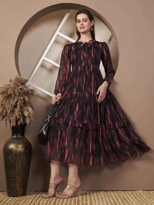 women printed three quarter sleeve tiered dress - 22077813 -  Standard Image - 0