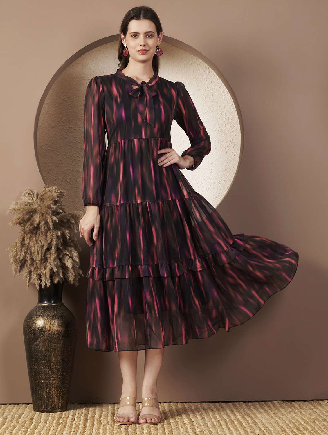 women printed three quarter sleeve tiered dress - 22077813 -  Standard Image - 1