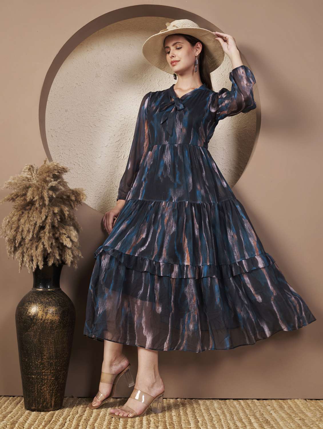women printed three quarter sleeve tiered dress