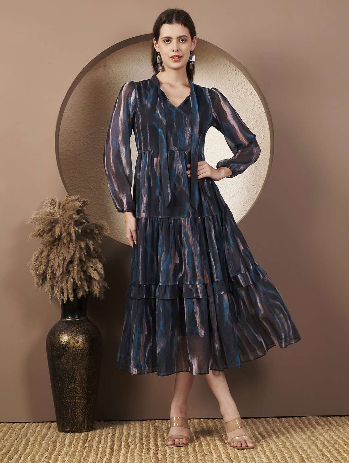 women printed three quarter sleeve tiered dress - 22077814 -  Standard Image - 1