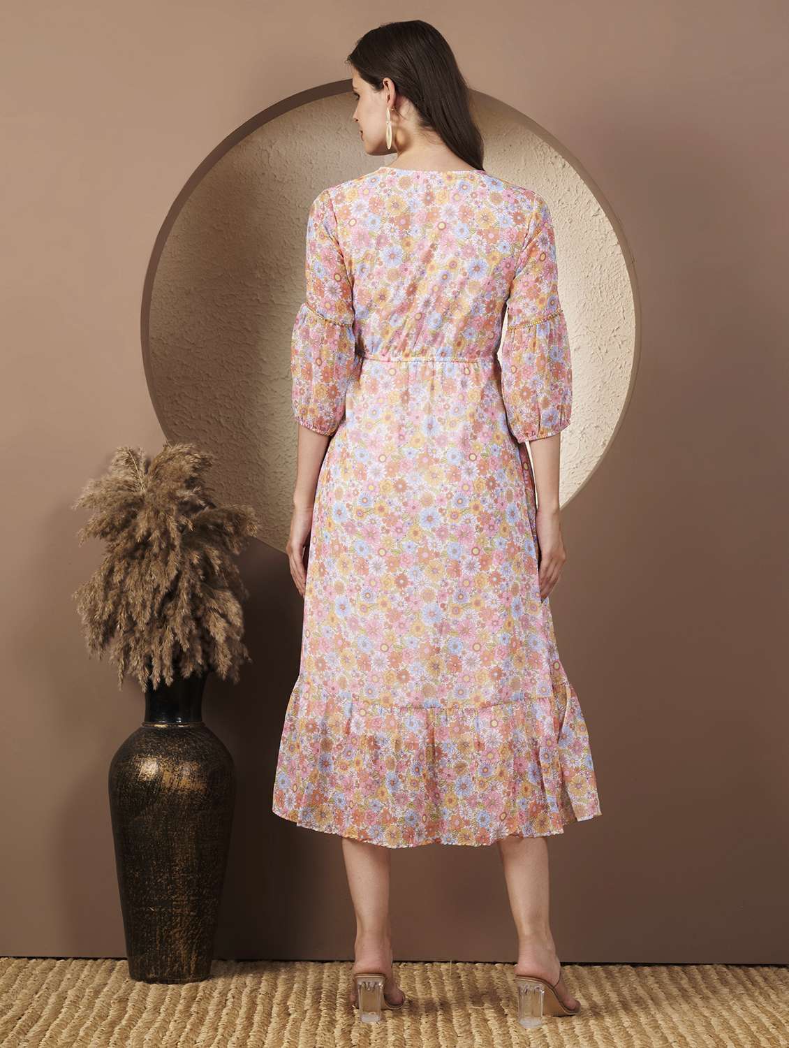 women printed three quarter sleeve tiered dress - 22077815 - Standard Image - 4