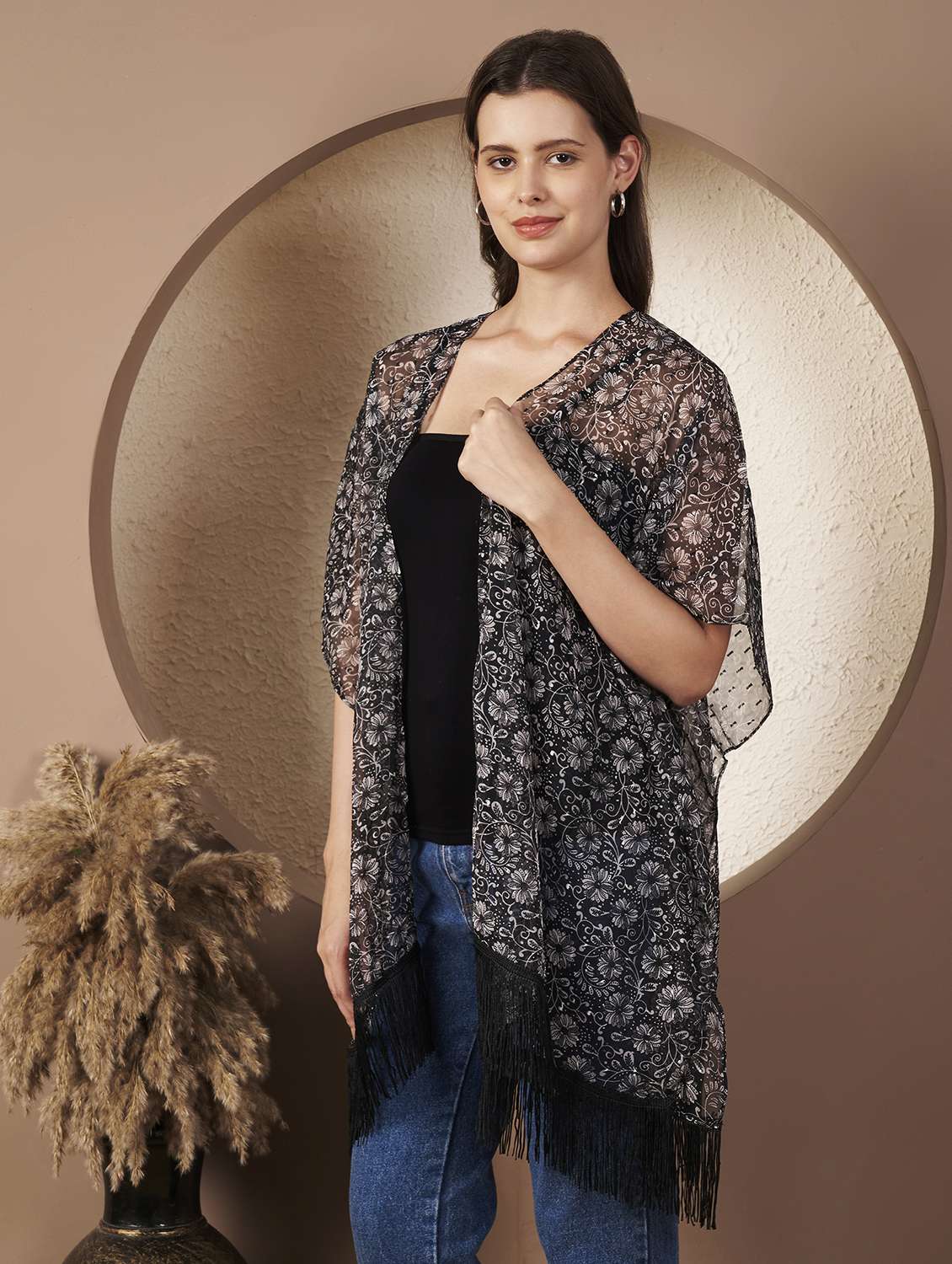 women printed three quarter sleeve regular shrug - 22077820 - Standard Image - 1