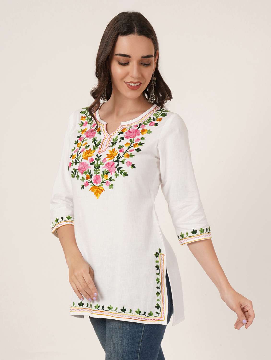 women embroidered three quarter sleeve kurti - 22077939 -  Standard Image - 1
