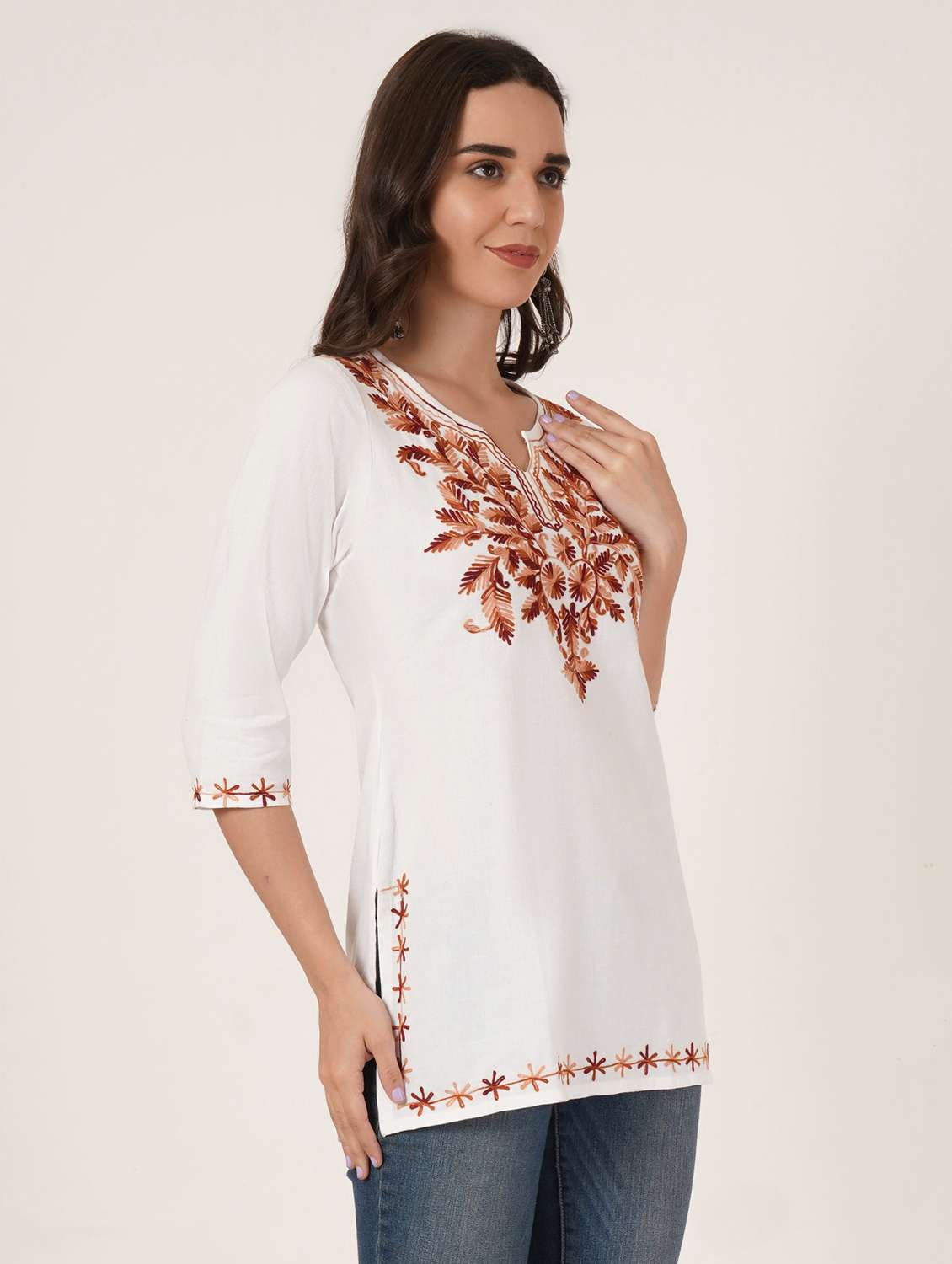 women embroidered three quarter sleeve kurti - 22077940 -  Standard Image - 1