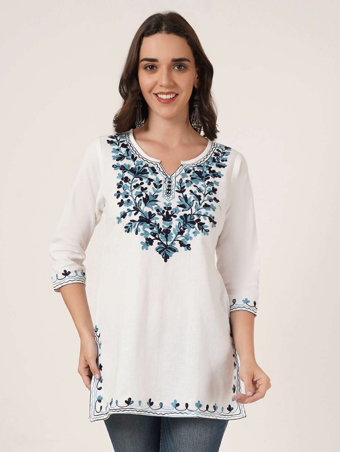women embroidered three quarter sleeve kurti