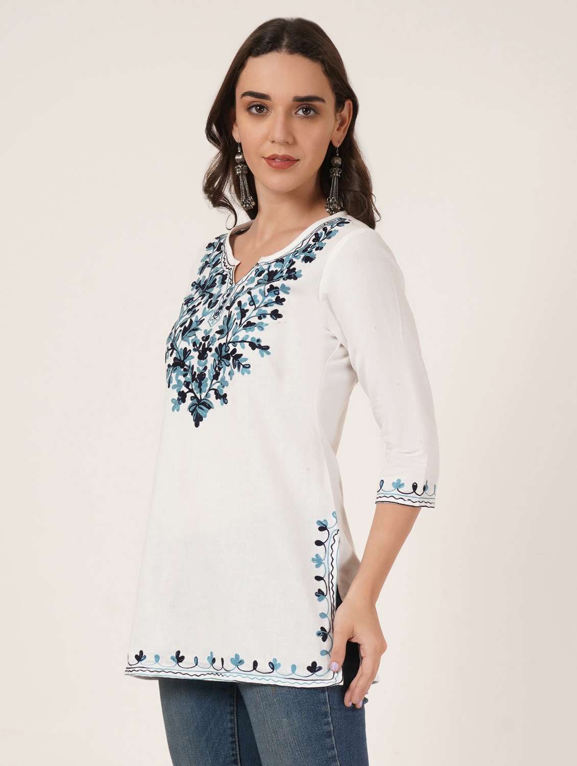 women embroidered three quarter sleeve kurti - 22077941 -  Standard Image - 1
