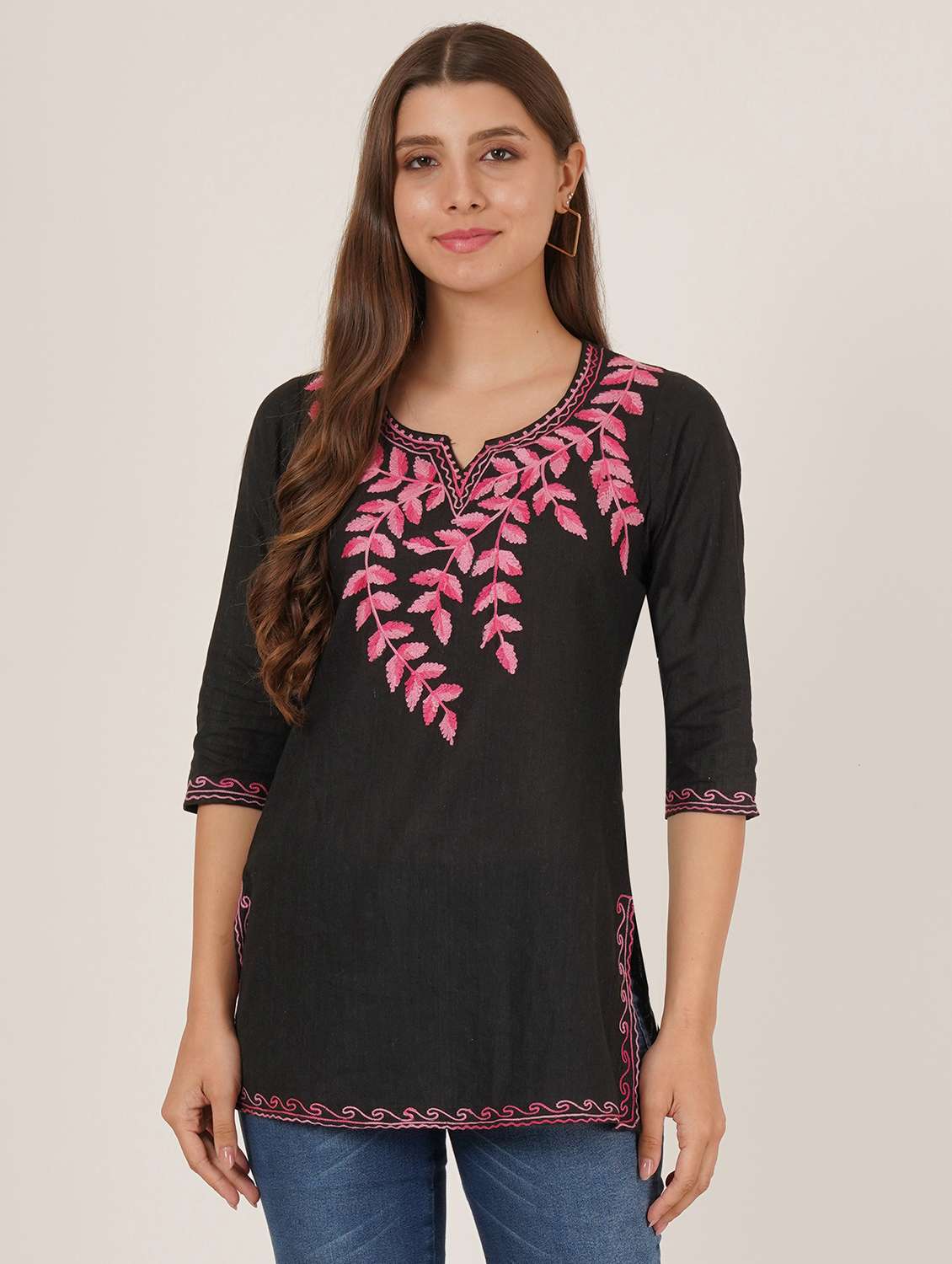 women embroidered three quarter sleeve kurti