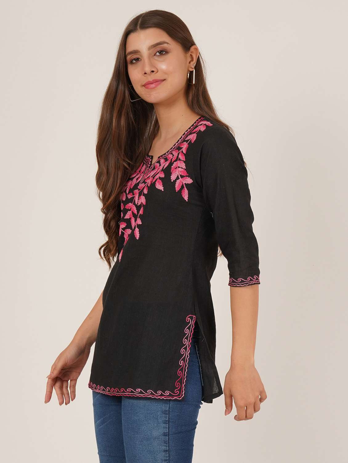 women embroidered three quarter sleeve kurti - 22077943 -  Standard Image - 1