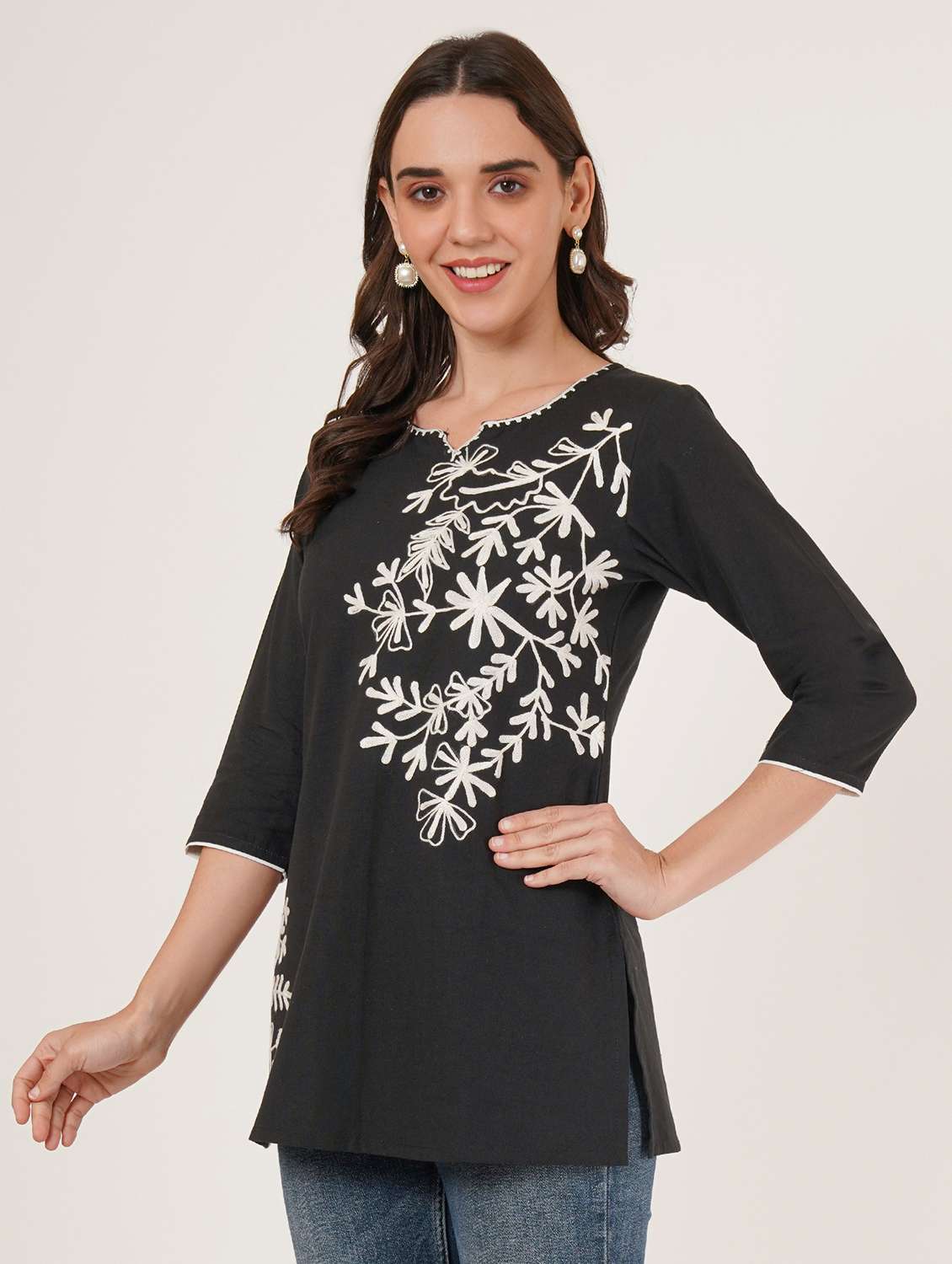 women embroidered three quarter sleeve kurti - 22077944 -  Standard Image - 1