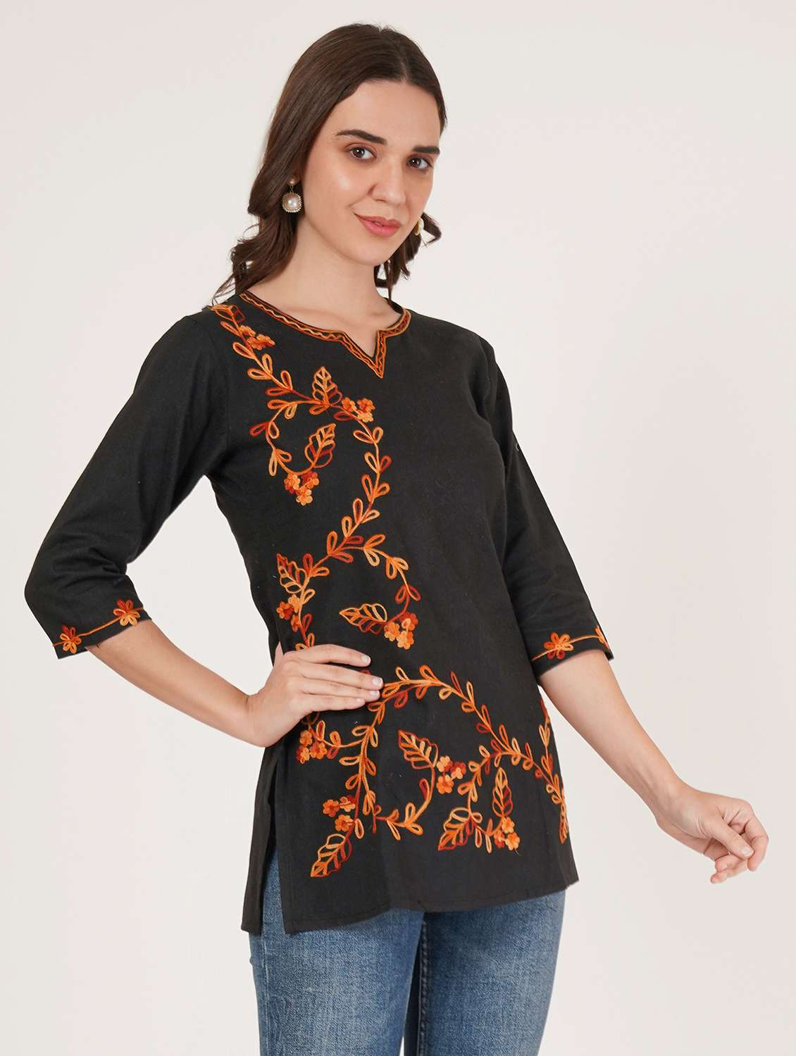 women embroidered three quarter sleeve kurti - 22077945 -  Standard Image - 1