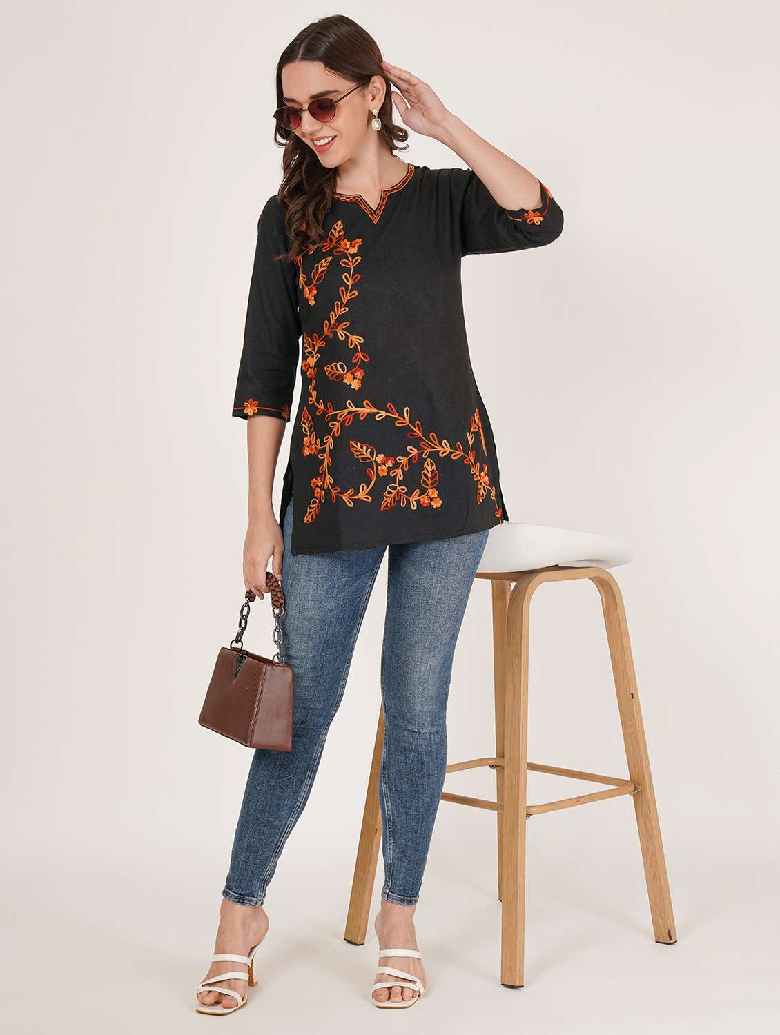 women embroidered three quarter sleeve kurti - 22077945 -  Standard Image - 4