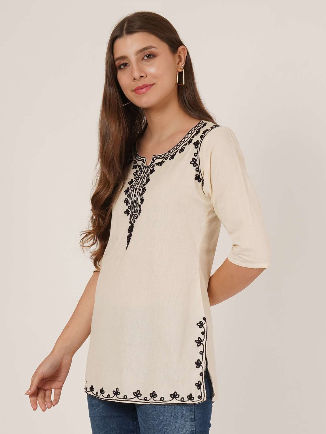 women embroidered three quarter sleeve kurti - 22077946 - Standard Image - 1