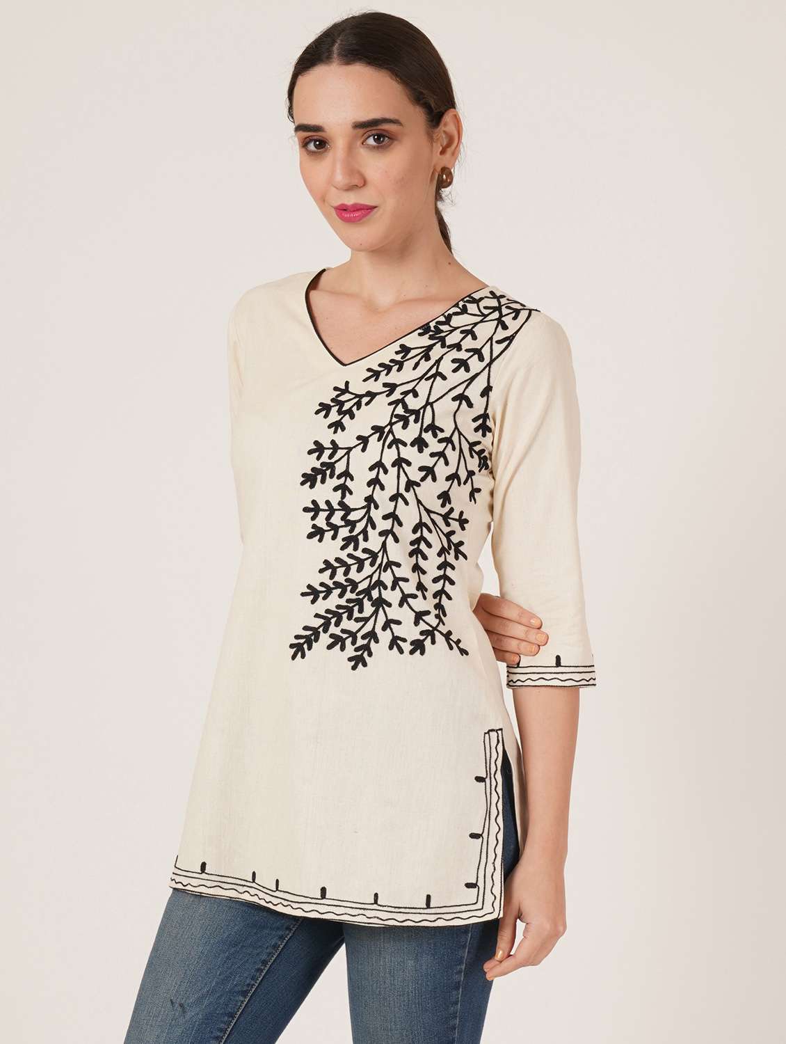 women embroidered three quarter sleeve kurti - 22077948 - Standard Image - 1