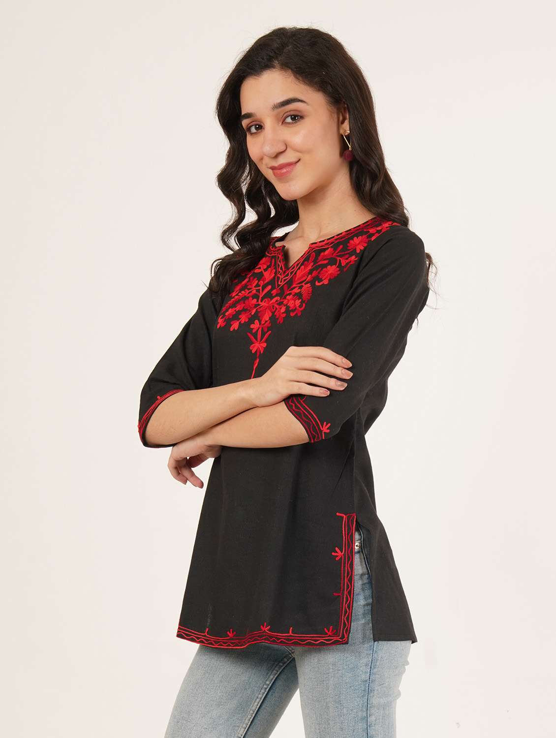 women embroidered three quarter sleeve kurti - 22077949 -  Standard Image - 1