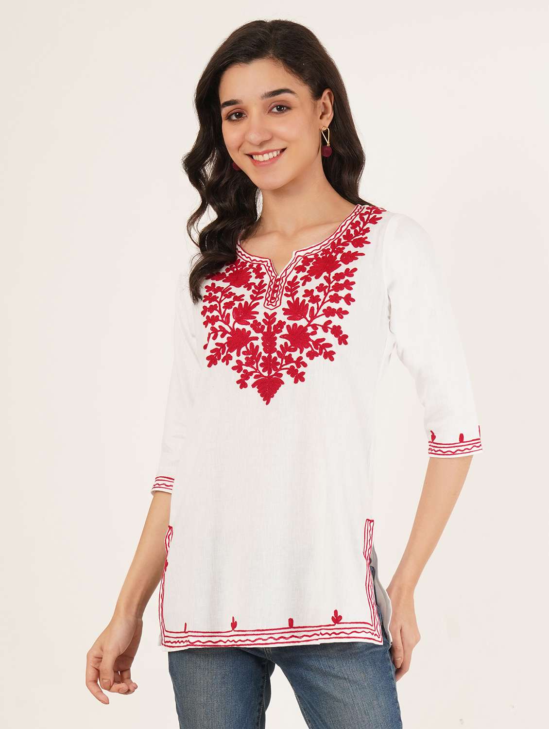 women embroidered three quarter sleeve kurti