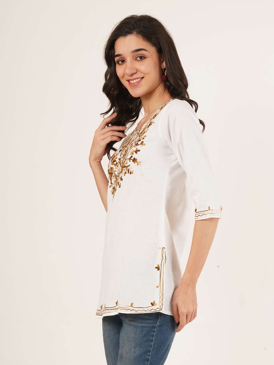 women embroidered three quarter sleeve kurti - 22077951 -  Standard Image - 1
