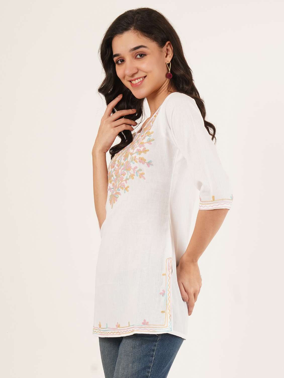 women embroidered three quarter sleeve kurti - 22077952 -  Standard Image - 1