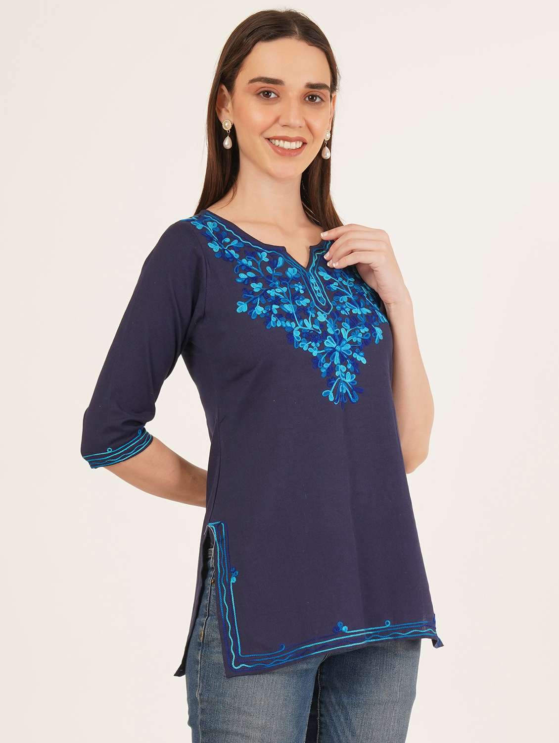 women embroidered three quarter sleeve kurti - 22077953 -  Standard Image - 1