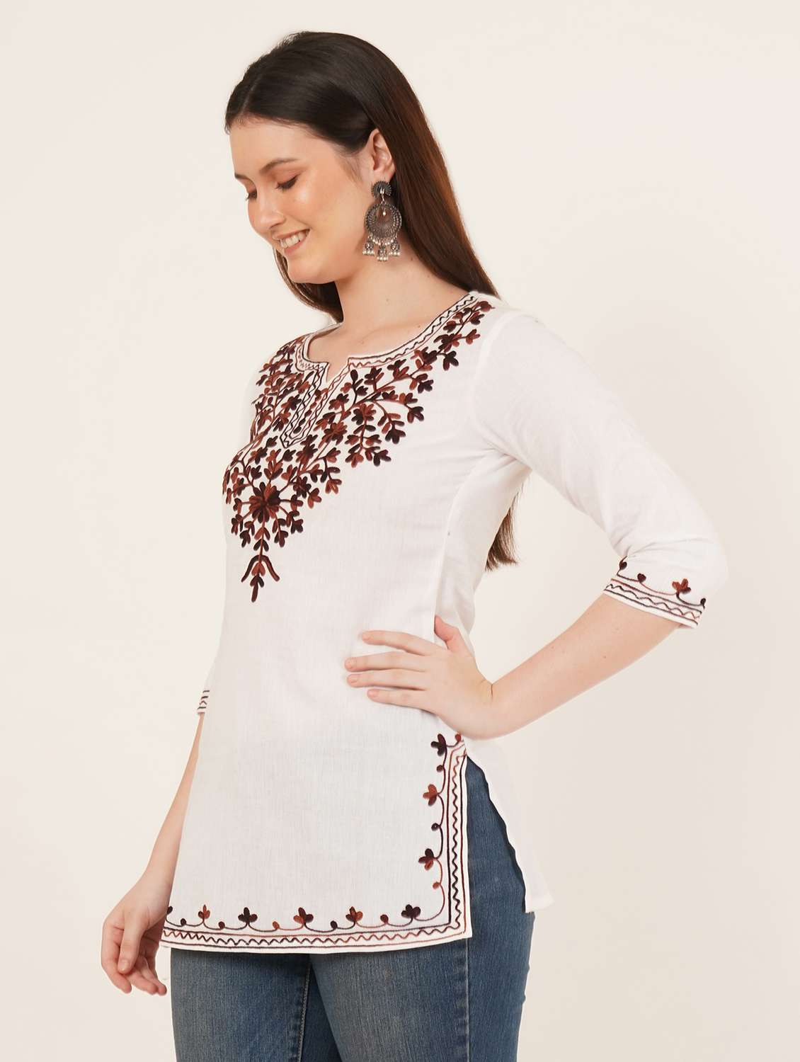 women embroidered three quarter sleeve kurti - 22077954 - Standard Image - 1