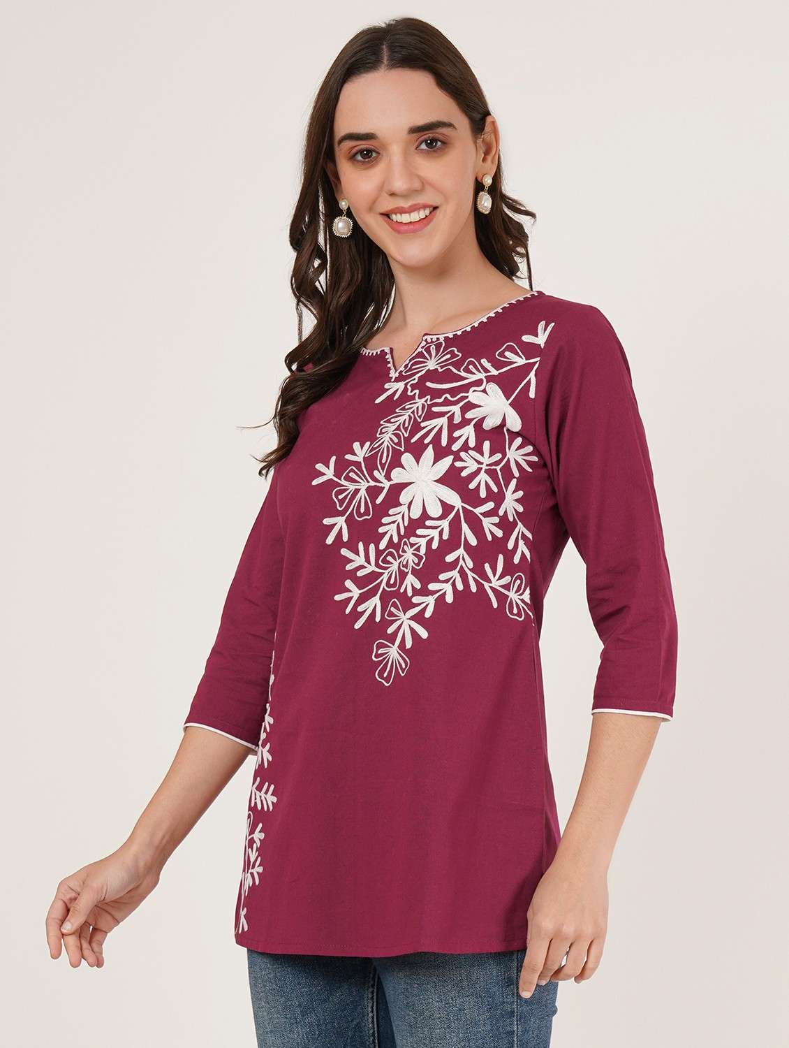women embroidered three quarter sleeve kurti - 22077960 -  Standard Image - 1