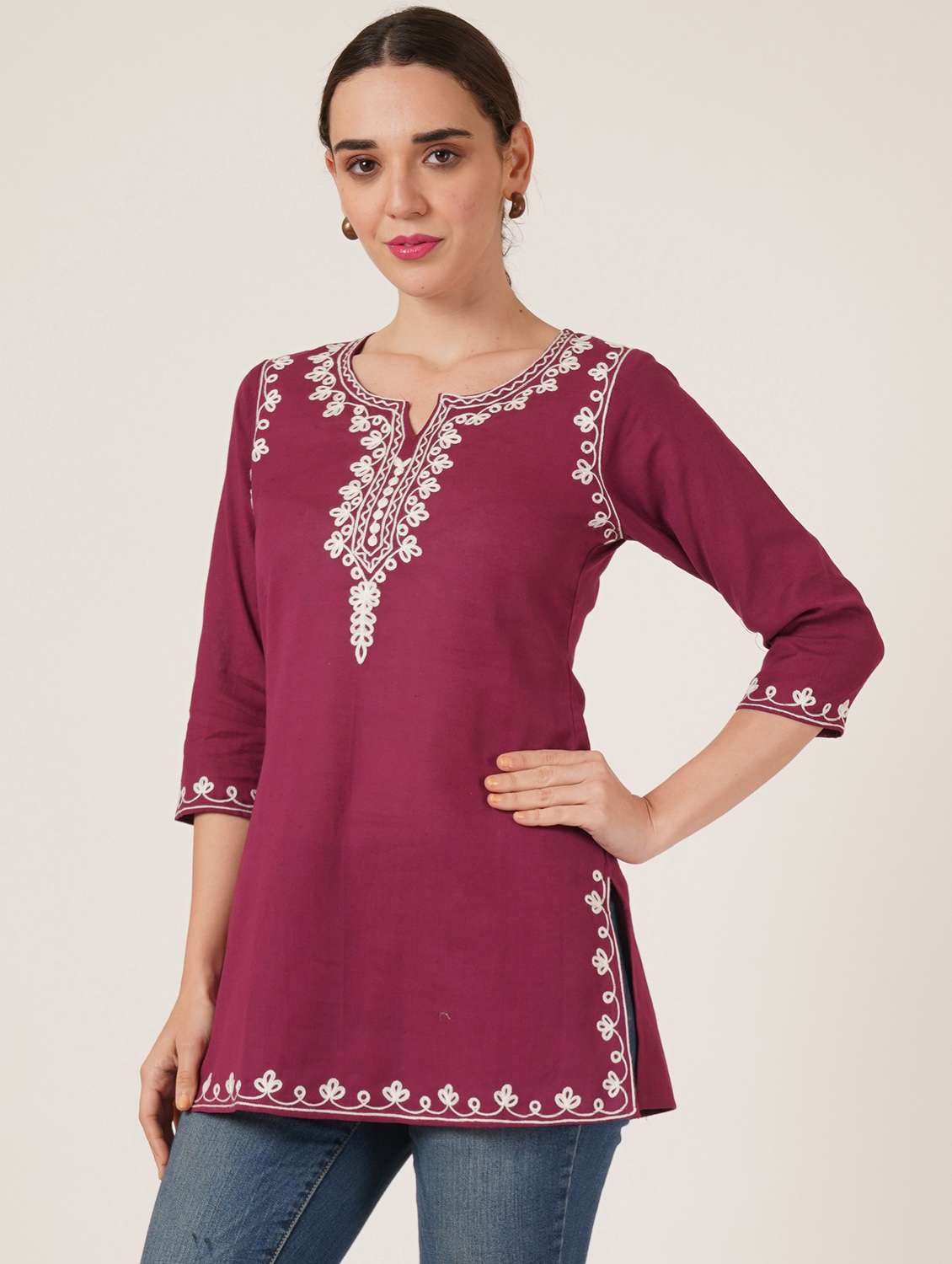 women embroidered three quarter sleeve kurti - 22077961 -  Standard Image - 1