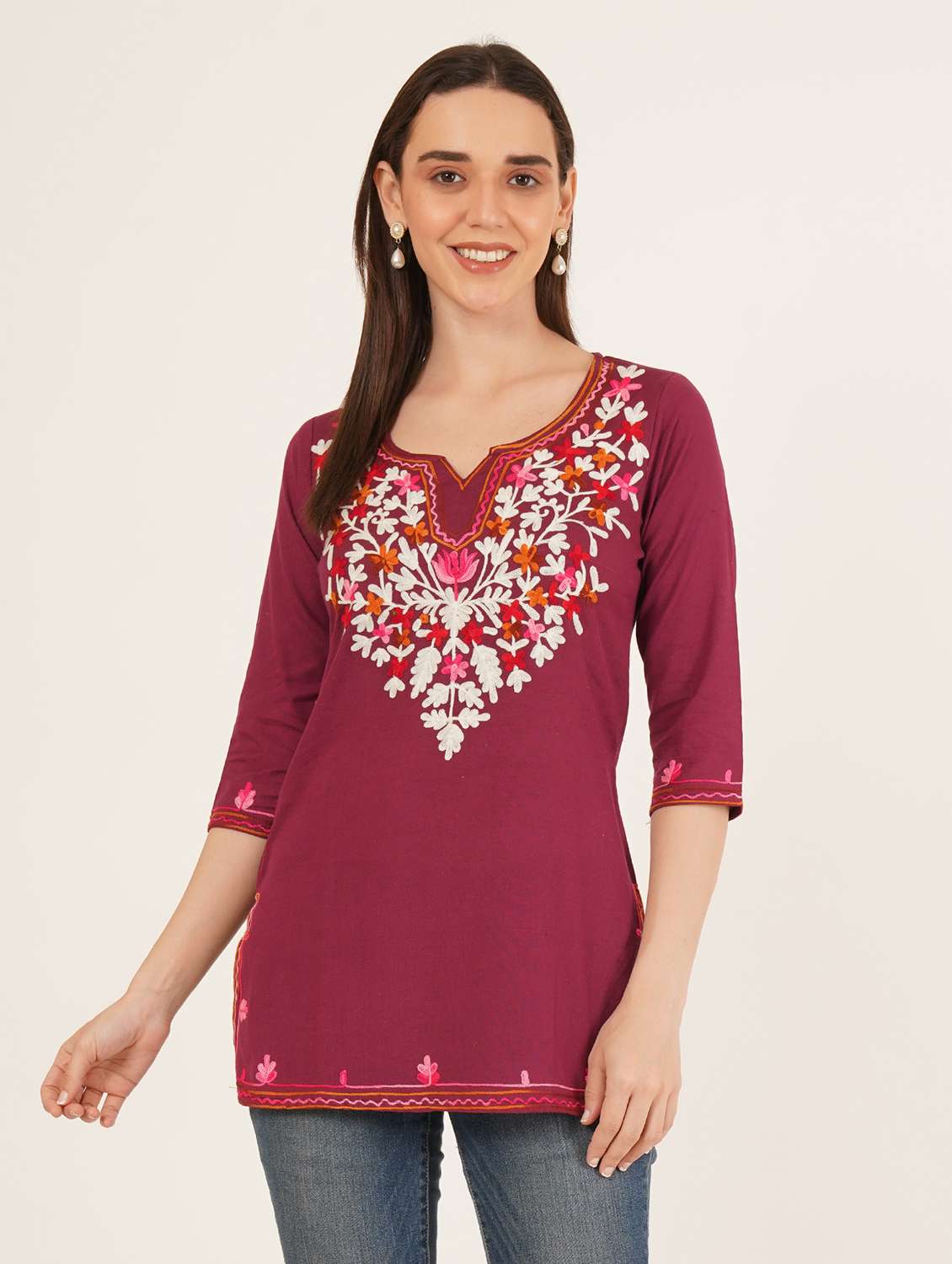 women embroidered three quarter sleeve kurti - 22077962 - Zoom Image - 0