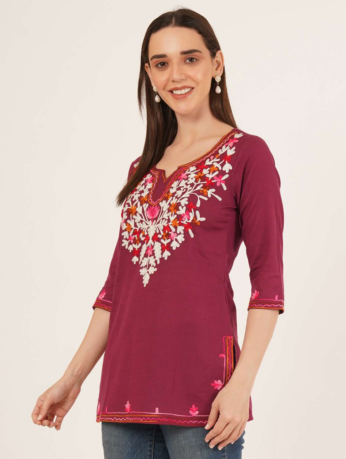 women embroidered three quarter sleeve kurti - 22077962 - Standard Image - 1
