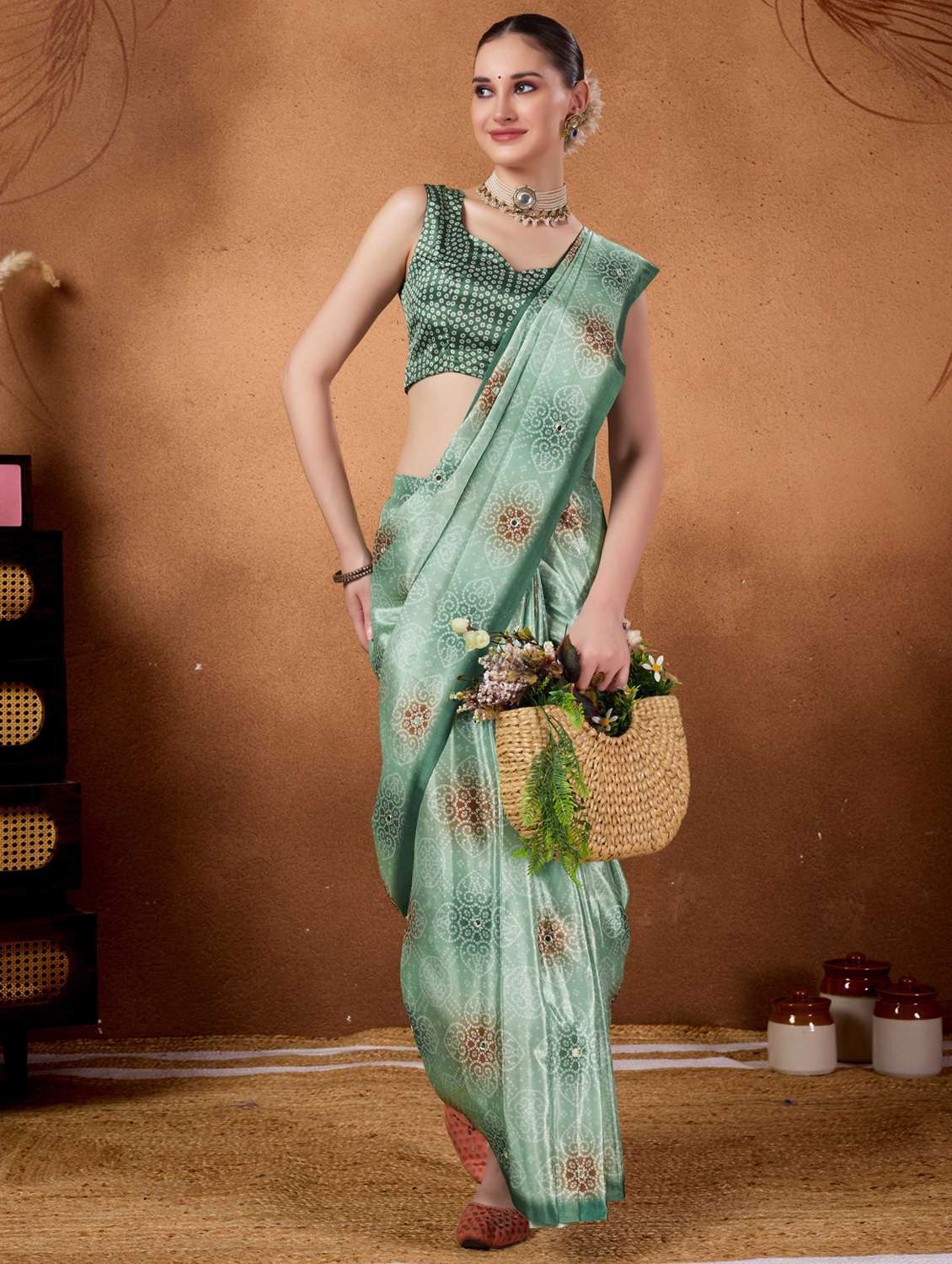women bandhani ready to wear saree with blouse