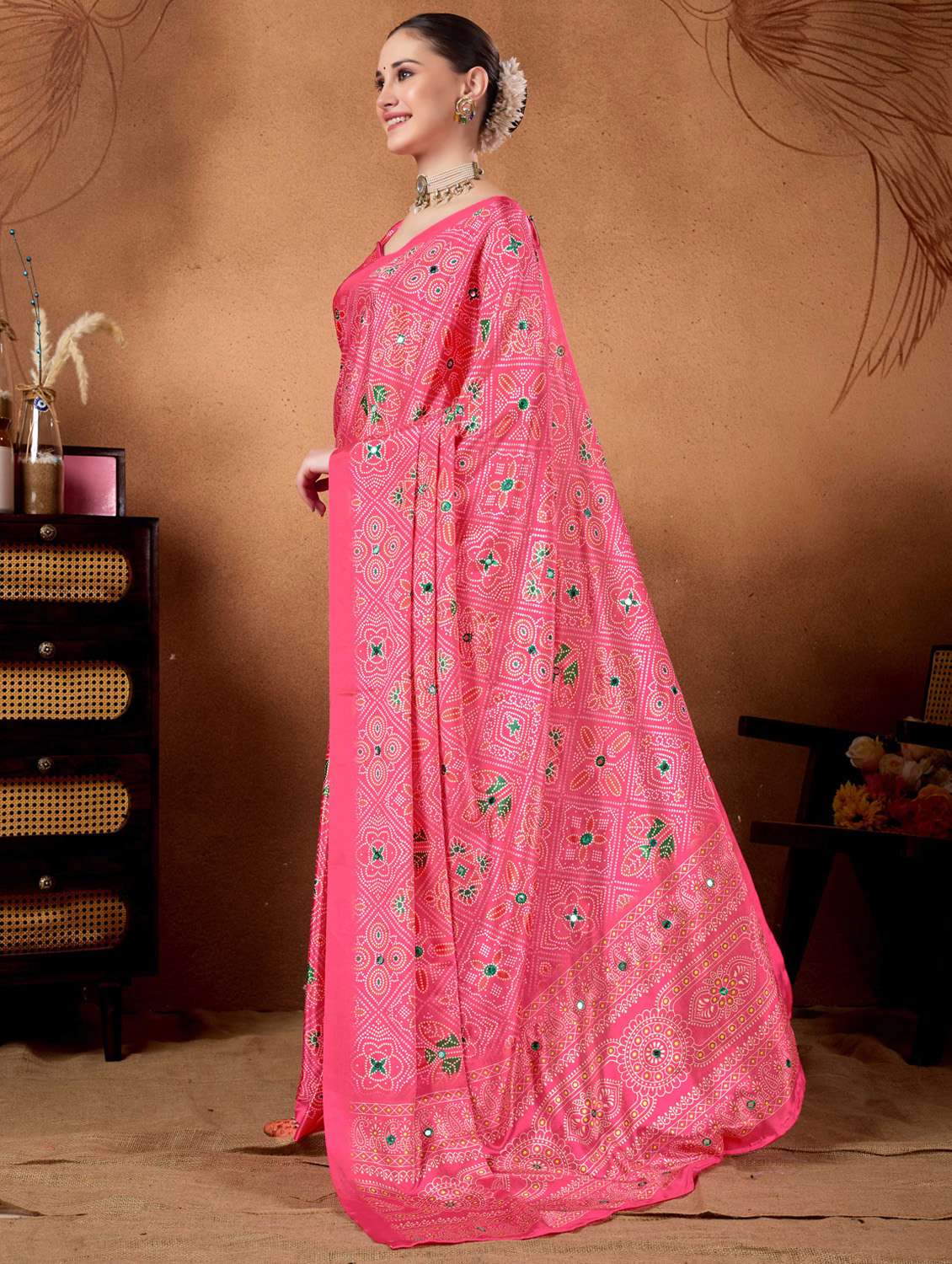 women bandhani ready to wear saree with blouse