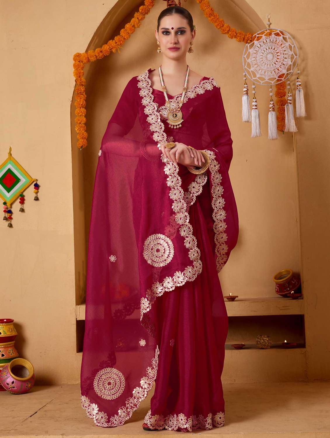 women solid with work embroidered saree with blouse - 22078200 -  Standard Image - 1