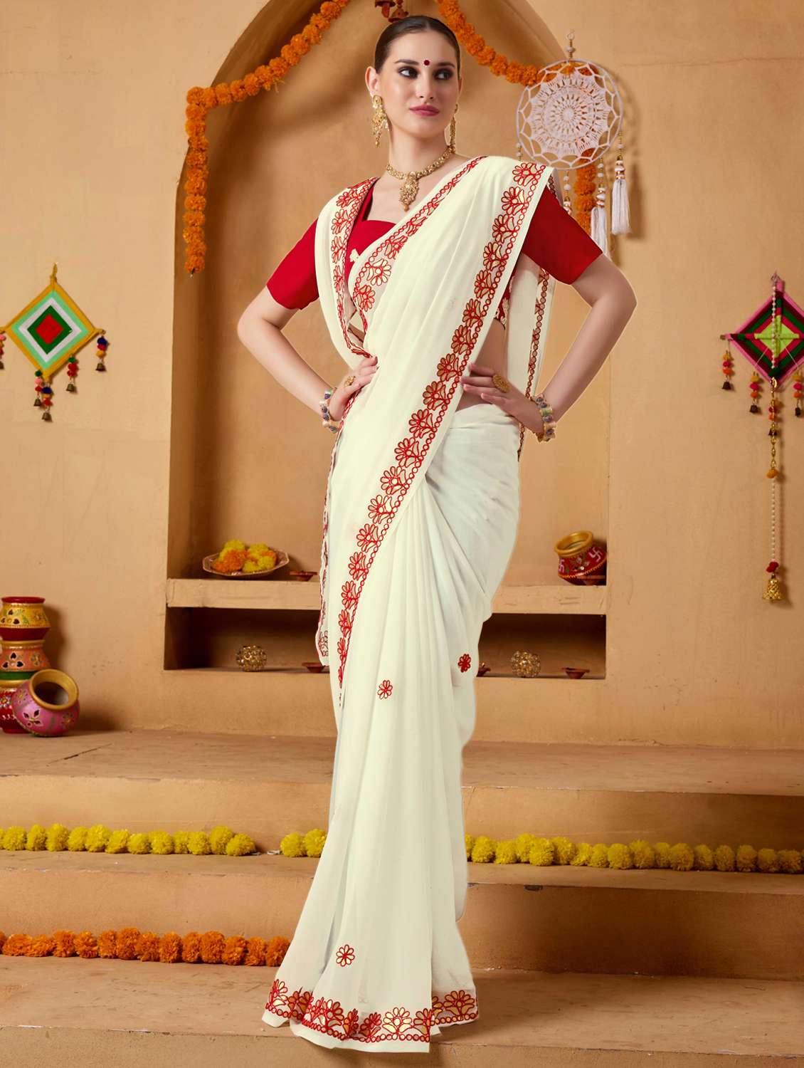 women solid with work embroidered saree with blouse - 22078207 -  Standard Image - 1