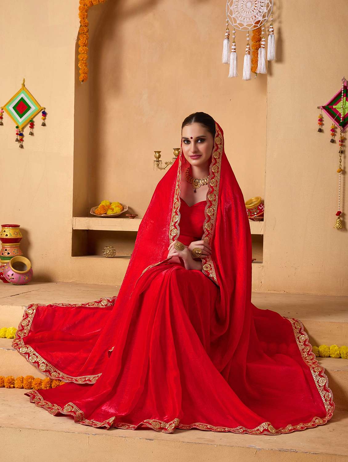 women solid with bordered ready to wear saree with blouse - 22078211 -  Standard Image - 1