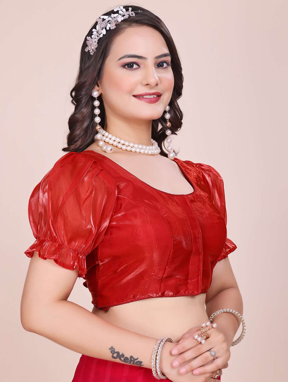 women solid puff sleeve stitched blouse - 22078227 - Standard Image - 1