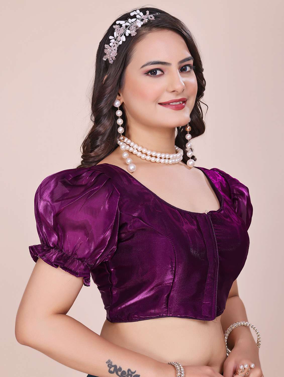 women solid puff sleeve stitched blouse - 22078229 - Standard Image - 1